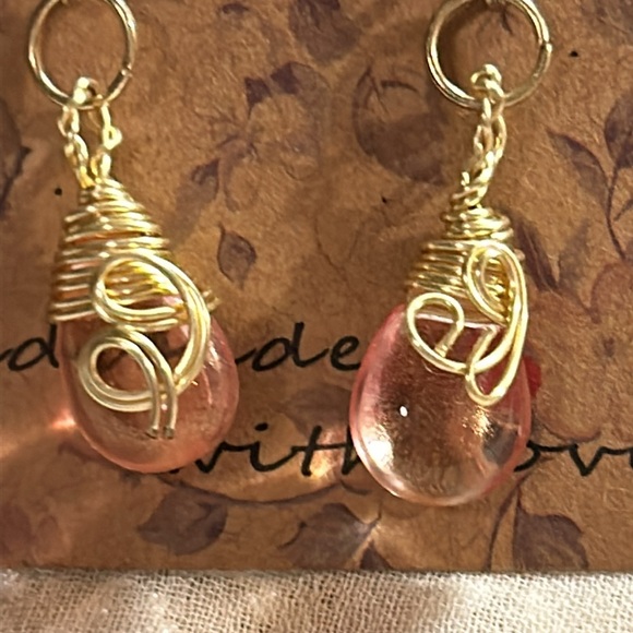 Gold Wire Wrap Coral Teardop Earrings - Picture 5 of 5